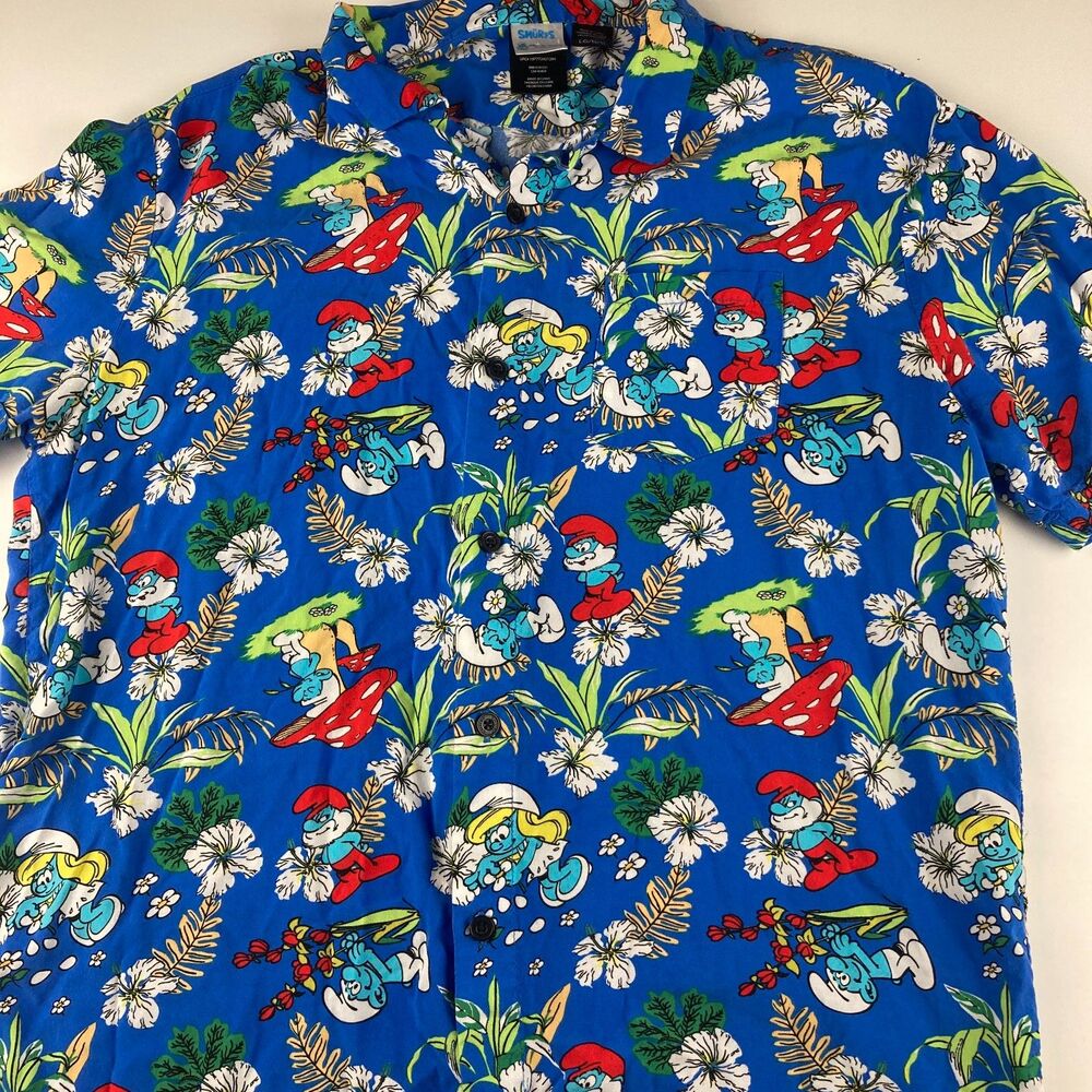The Smurfs Mad Engine Hawaiian Shirt Mens L Blue Papa Smurf Tropical Camp